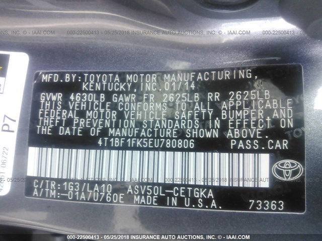 4T1BF1FK5EU780806 - 2014 TOYOTA CAMRY L/SE/LE/XLE ნაცრისფერი ფოტო 9