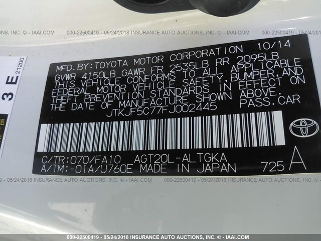 JTKJF5C77FJ002445 - 2015 TOYOTA SCION TC 白色 照片 9