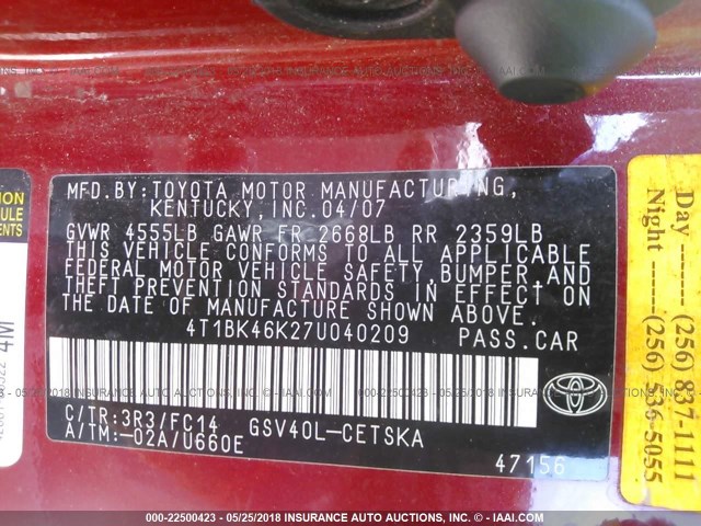 4T1BK46K27U040209 - 2007 TOYOTA CAMRY NEW GENERAT LE/XLE/SE RED photo 9