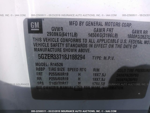 5GZER33718J188294 - 2008 SATURN OUTLOOK XR/TOURING 白色 照片 9