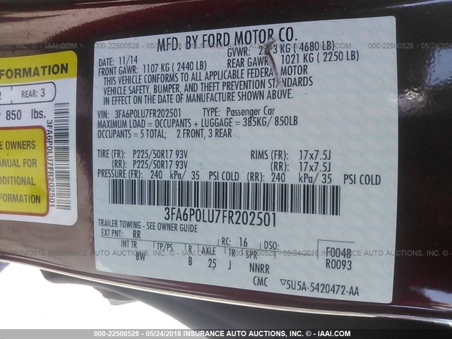 3FA6P0LU7FR202501 - 2015 FORD FUSION SE HYBRID BURGUNDY photo 9