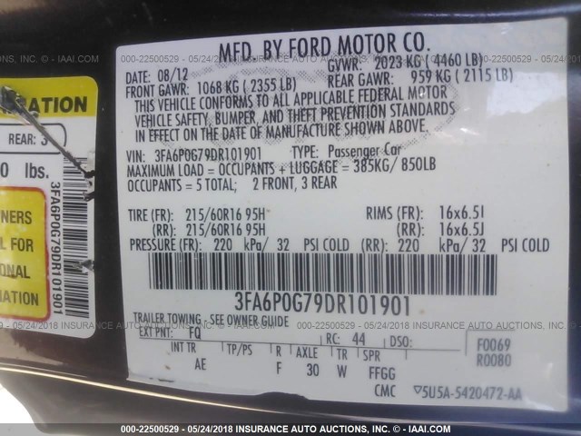 3FA6P0G79DR101901 - 2013 FORD FUSION S BURGUNDY photo 9