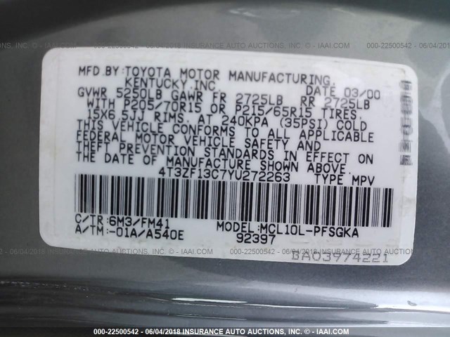 4T3ZF13C7YU272263 - 2000 TOYOTA SIENNA LE/XLE GREEN photo 9