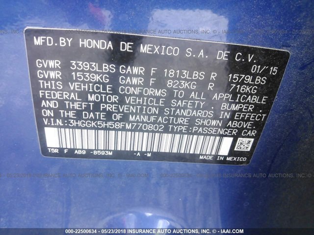 3HGGK5H58FM770802 - 2015 HONDA FIT LX BLUE photo 9