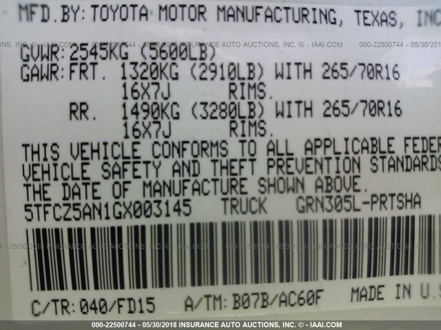 5TFCZ5AN1GX003145 - 2016 TOYOTA TACOMA DBL CAB/SR/SR5/TRD SPT/OR WHITE photo 9