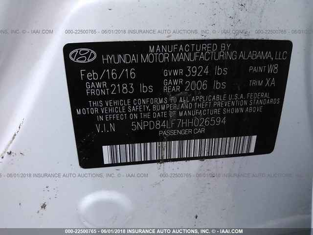 5NPD84LF7HH026594 - 2017 HYUNDAI ELANTRA SE/VALUE/LIMITED WHITE photo 9