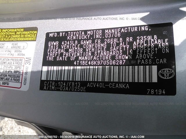 4T1BE46K97U506287 - 2007 TOYOTA CAMRY NEW GENERAT CE/LE/XLE/SE SILVER photo 9