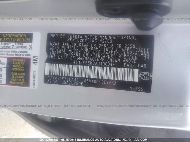 4T1BF3EK3AU100344 - 2010 TOYOTA CAMRY SE/LE/XLE SILVER photo 9