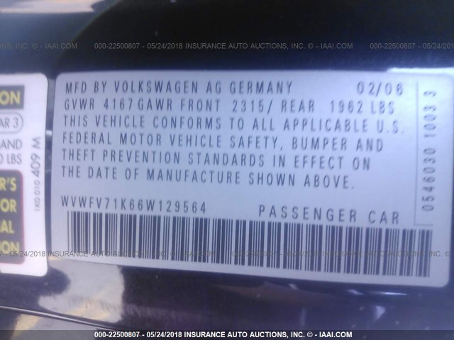 WVWFV71K66W129564 - 2006 VOLKSWAGEN NEW GTI BLACK photo 9