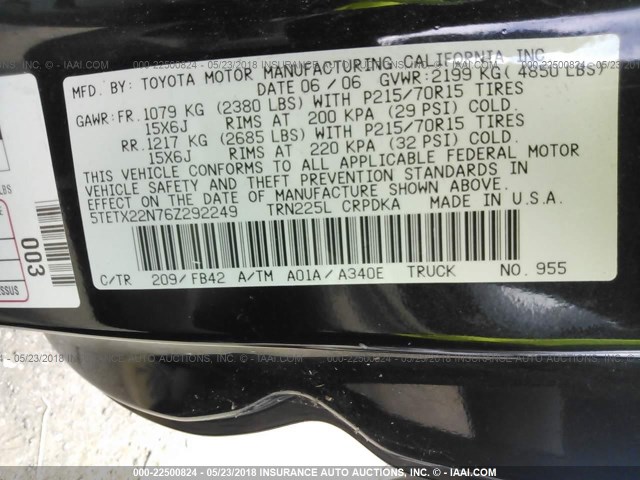 5TETX22N76Z292249 - 2006 TOYOTA TACOMA ACCESS CAB Қара фото 9