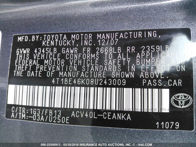 4T1BE46K08U243009 - 2008 TOYOTA CAMRY CE/LE/XLE/SE GRAY photo 9