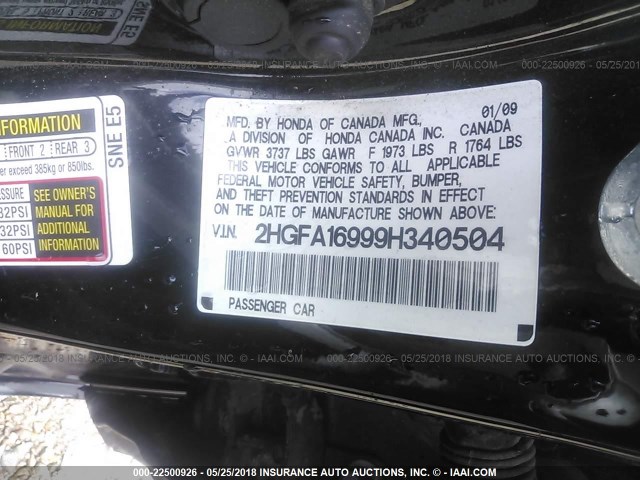 2HGFA16999H340504 - 2009 HONDA CIVIC EXL BLACK photo 9