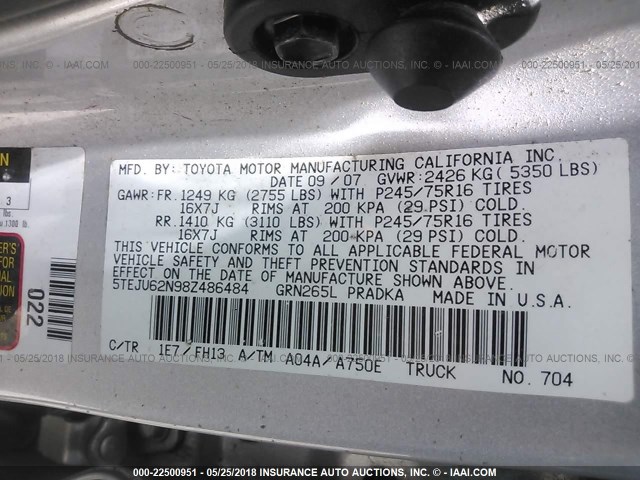 5TEJU62N98Z486484 - 2008 TOYOTA TACOMA DOUBLE CAB PRERUNNER SILVER photo 9