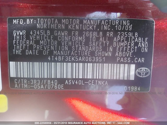 4T4BF3EK5AR063951 - 2010 TOYOTA CAMRY SE/LE/XLE RED photo 9