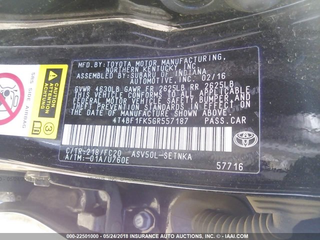 4T4BF1FK5GR557187 - 2016 TOYOTA CAMRY LE/XLE/SE/XSE 黑色 照片 9