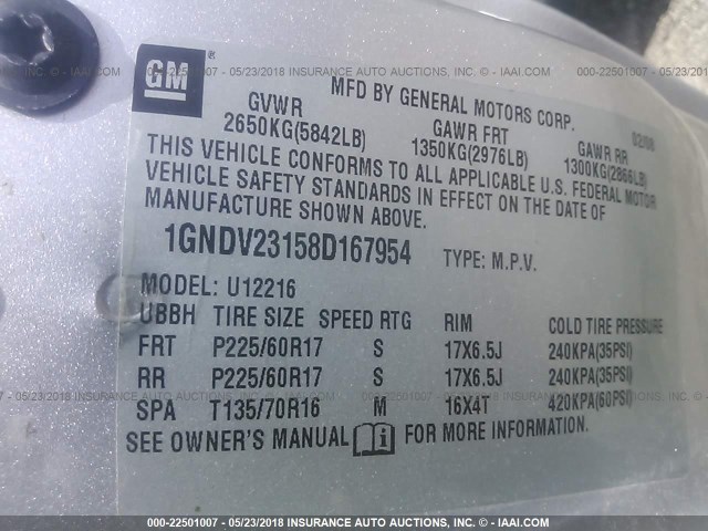 1GNDV23158D167954 - 2008 CHEVROLET UPLANDER LS SILVER photo 9