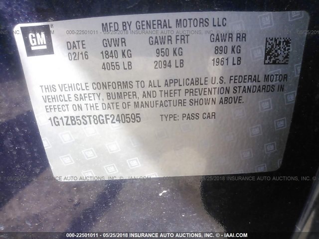 1G1ZB5ST8GF240595 - 2016 CHEVROLET MALIBU LS BLUE photo 9