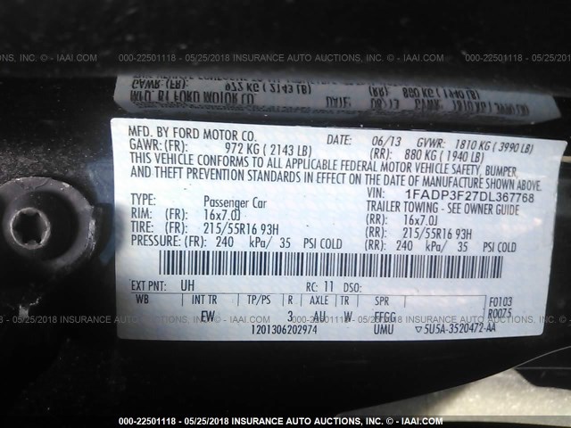 1FADP3F27DL367768 - 2013 FORD FOCUS SE 黑色 照片 9