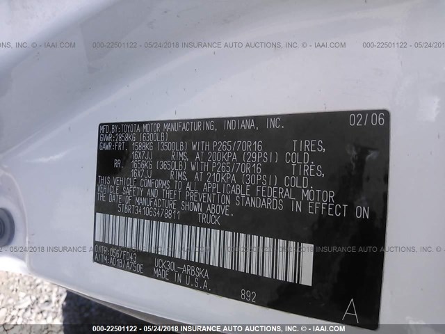 5TBRT34106S478811 - 2006 TOYOTA TUNDRA ACCESS CAB SR5 WHITE photo 9