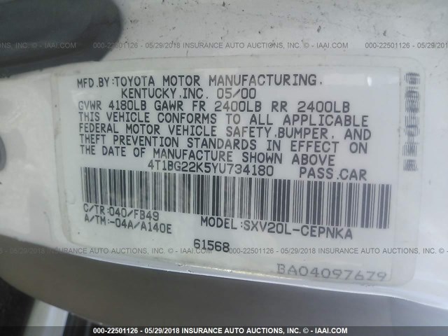 4T1BG22K5YU734180 - 2000 TOYOTA CAMRY CE/LE/XLE 白色 照片 9