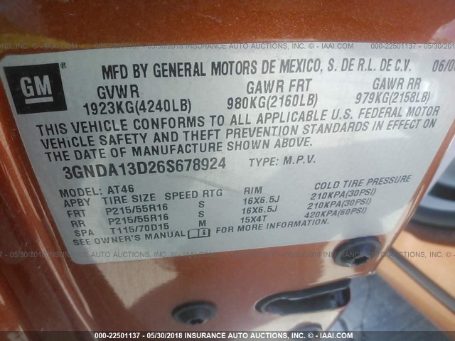 3GNDA13D26S678924 - 2006 CHEVROLET HHR LS ORANGE photo 9