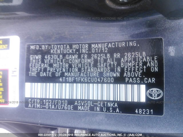 4T1BF1FK6CU047600 - 2012 TOYOTA CAMRY SE/LE/XLE ნაცრისფერი ფოტო 9