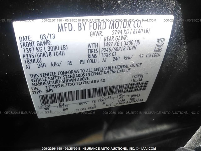 1FM5K7D81DGC49912 - 2013 FORD EXPLORER XLT BLACK photo 9