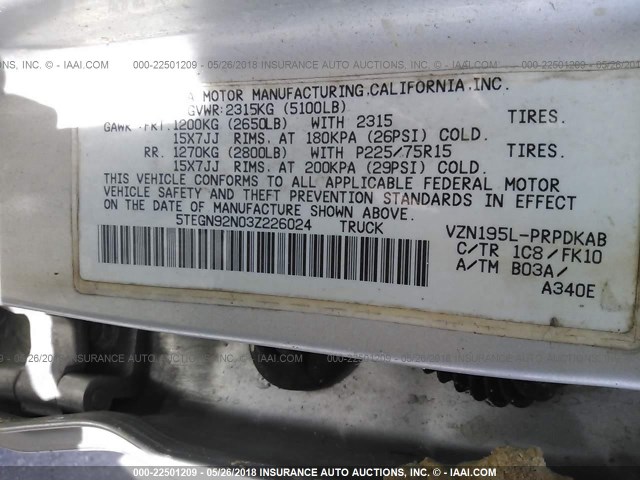 5TEGN92N03Z226024 - 2003 TOYOTA TACOMA DOUBLE CAB PRERUNNER SILVER photo 9