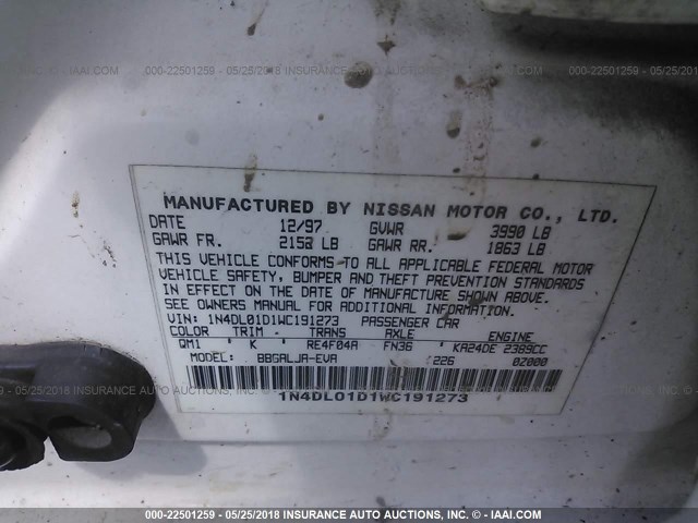 1N4DL01D1WC191273 - 1998 NISSAN ALTIMA XE/GXE/SE/GLE WHITE photo 9