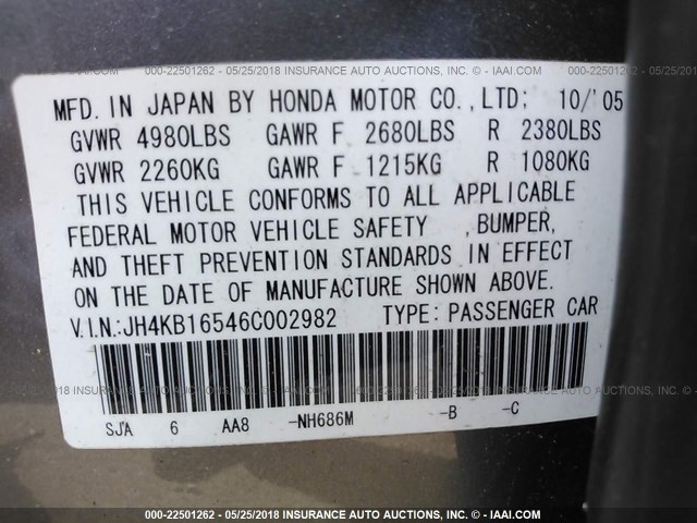 JH4KB16546C002982 - 2006 ACURA RL GRAY photo 9