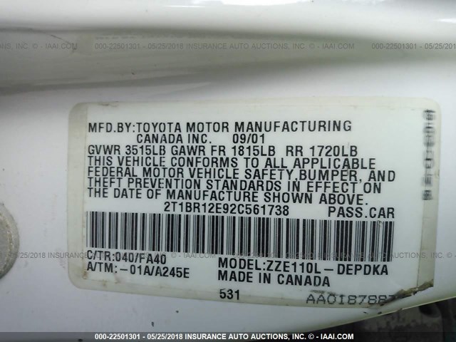 2T1BR12E92C561738 - 2002 TOYOTA COROLLA CE/LE/S WHITE photo 9