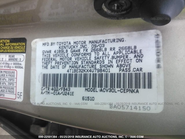 4T1BE32KX4U798401 - 2004 TOYOTA CAMRY LE/XLE/SE 金色 照片 9