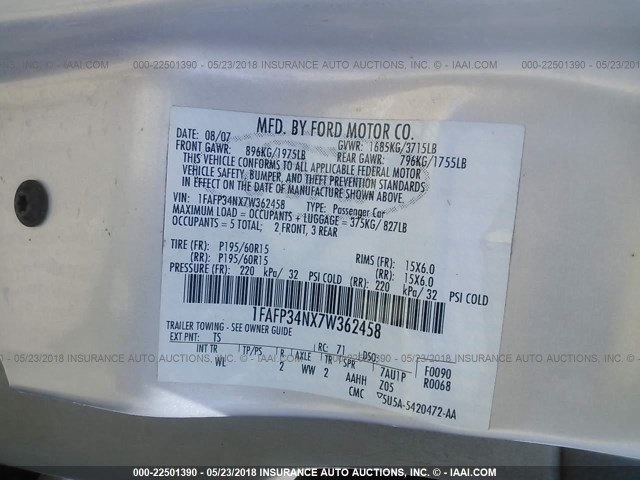 1FAFP34NX7W362458 - 2007 FORD FOCUS ZX4/S/SE/SES GRAY photo 9