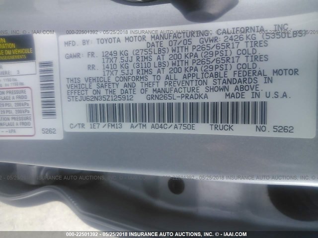 5TEJU62N35Z125912 - 2005 TOYOTA TACOMA DOUBLE CAB PRERUNNER SILVER photo 9