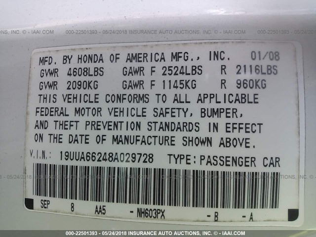 19UUA66248A029728 - 2008 ACURA TL WHITE photo 9