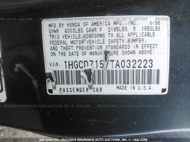 1HGCD7157TA032223 - 1996 HONDA ACCORD EX/EX-R GREEN photo 9