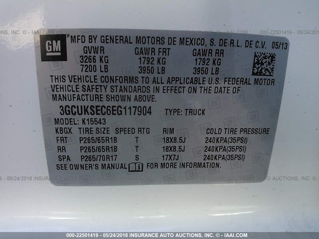 3GCUKSEC6EG117904 - 2014 CHEVROLET SILVERADO K1500 LTZ WHITE photo 9