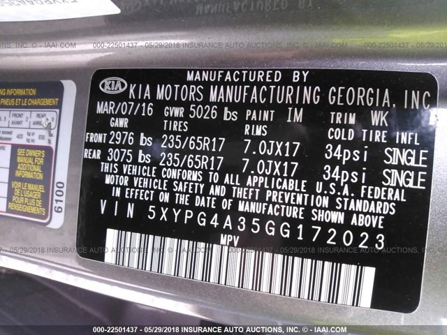 5XYPG4A35GG172023 - 2016 KIA SORENTO LX/L SILVER photo 9