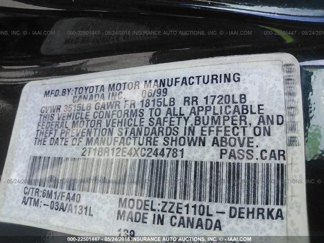 2T1BR12E4XC244781 - 1999 TOYOTA COROLLA VE/CE/LE 绿色 照片 9