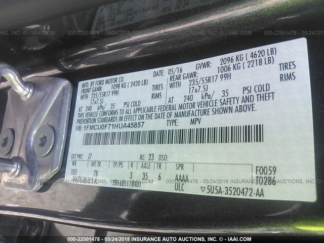 1FMCU0F71HUA45857 - 2017 FORD ESCAPE S GRAY photo 9