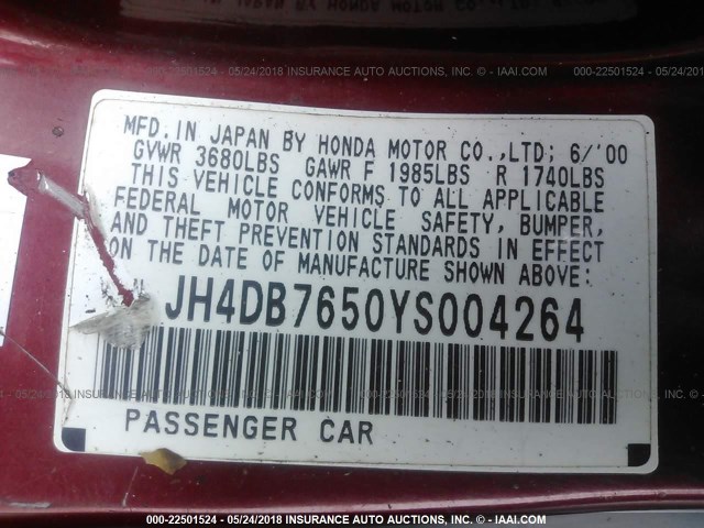 JH4DB7650YS004264 - 2000 ACURA INTEGRA LS RED photo 9