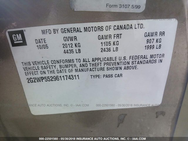 2G2WP552961174311 - 2006 PONTIAC GRAND PRIX TAN photo 9