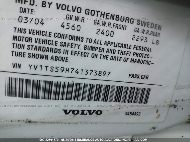 YV1TS59H741373897 - 2004 VOLVO S80 2.5T WHITE photo 9