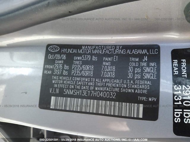 5NMSH13E17H040032 - 2007 HYUNDAI SANTA FE SE/LIMITED GRAY photo 9