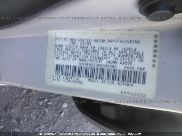 1NXAE09E8PZ080585 - 1993 TOYOTA COROLLA LE/DX ვერცხლისფერი ფოტო 9
