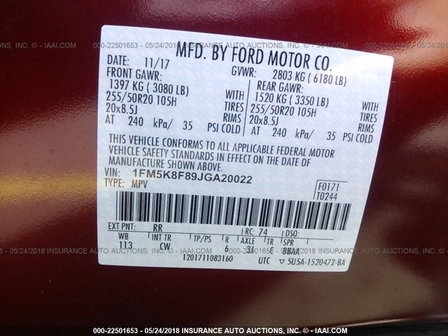 1FM5K8F89JGA20022 - 2018 FORD EXPLORER LIMITED 红色 照片 9