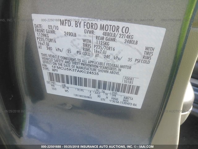1FMCU5K37AKC24535 - 2010 FORD ESCAPE HYBRID GREEN photo 9