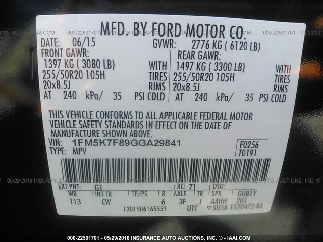 1FM5K7F89GGA29841 - 2016 FORD EXPLORER LIMITED 黑色 照片 9