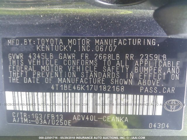 4T1BE46K17U182168 - 2007 TOYOTA CAMRY NEW GENERAT CE/LE/XLE/SE SILVER photo 9