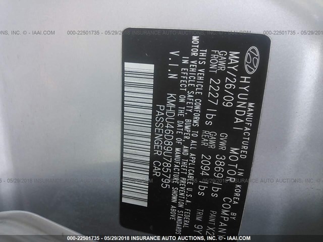 KMHDU46D89U785795 - 2009 HYUNDAI ELANTRA GLS/SE SILVER photo 9